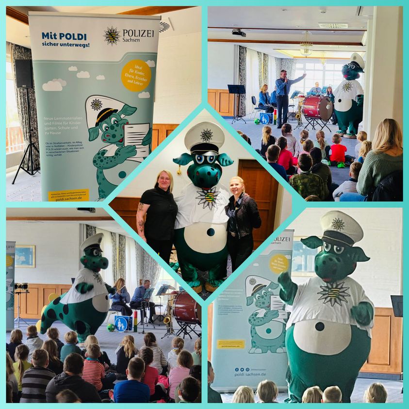Kollage mit dem Sächsischen Polizeiorchester und Poldi