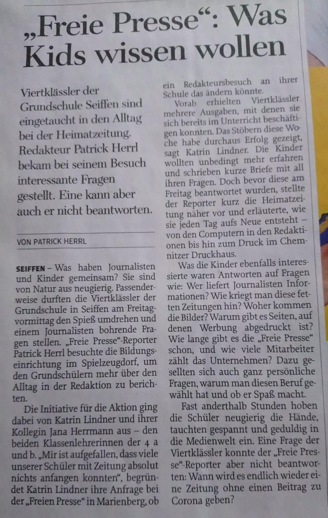 Zeitungsartikel der Freien Presse