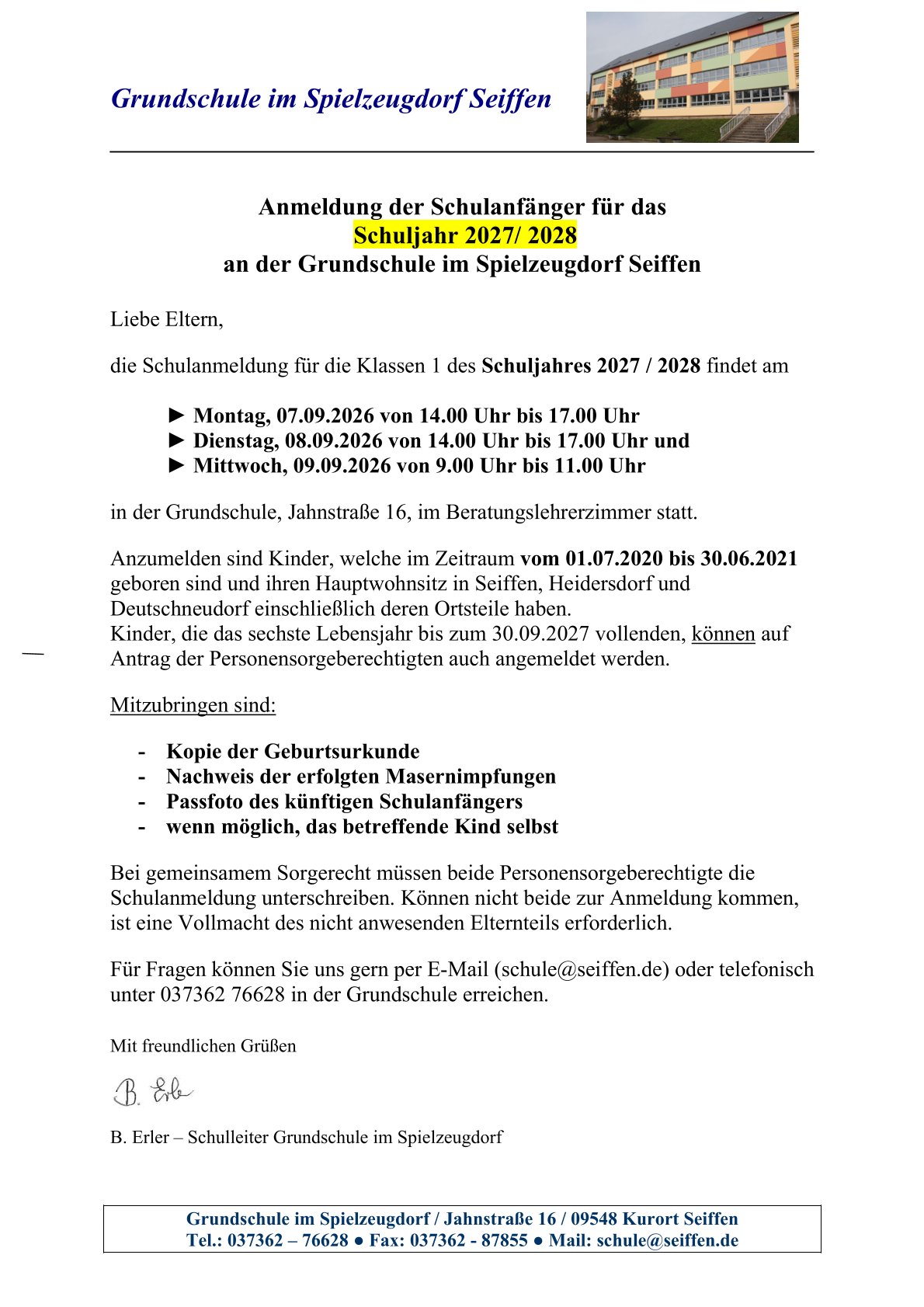 Anmeldeinformationen für das neue Schuljahr